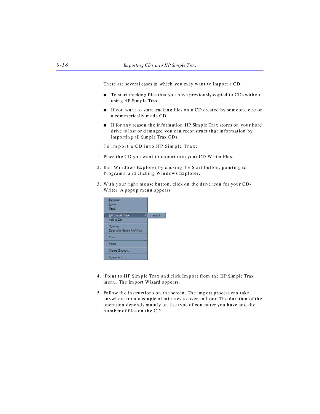 HP SureStore CD-Writer Plus 7570e, SureStore CD-Writer Plus 7550e manual To import a CD into HP Simple Trax 