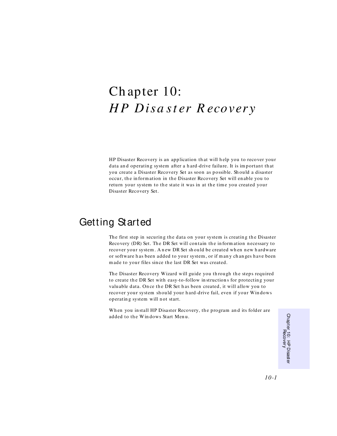 HP SureStore CD-Writer Plus 7570e manual HP Disaster Recovery, Getting Started, 10-1, Added to the Windows Start Menu 