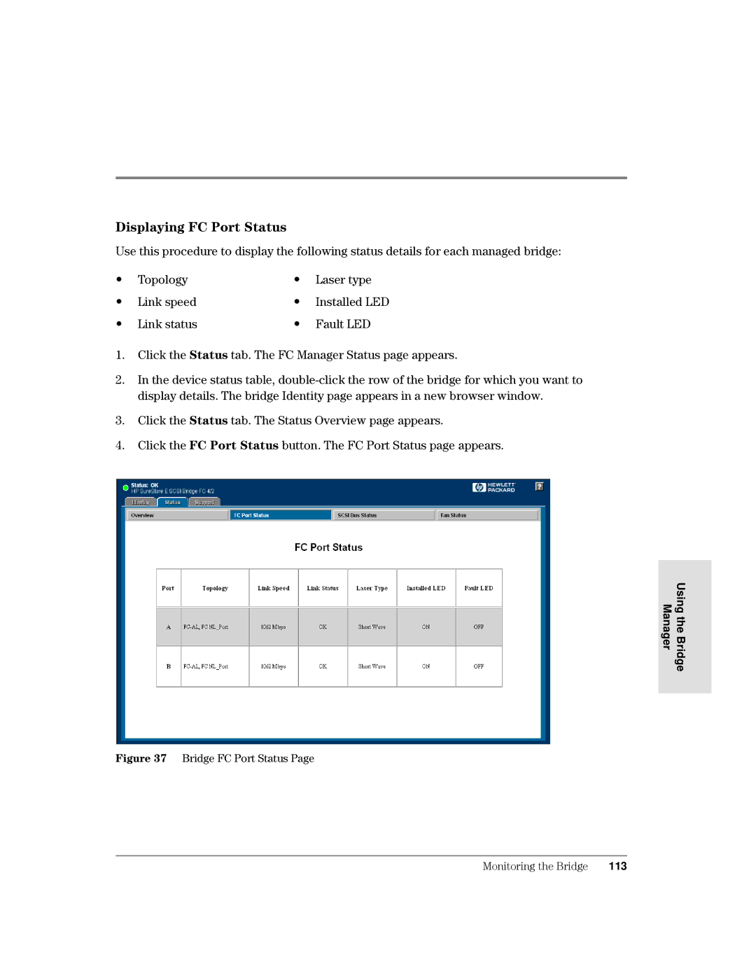 HP Surestore Device Management Software LVSOD\LQJ&3RUW6WDWXV, 7RSRORJ, Lqnvshhg, Lqnvwdwxv, Ljxuh %ULGJH&3RUW6WDWXV3DJH 