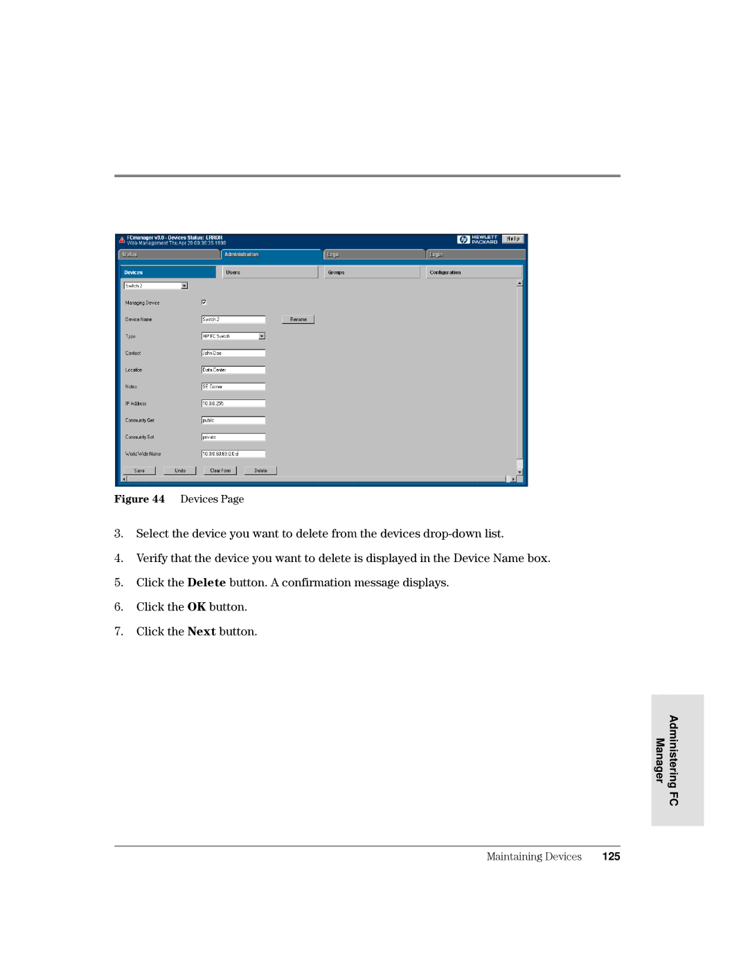 HP Surestore Device Management Software manual Manager Administering 