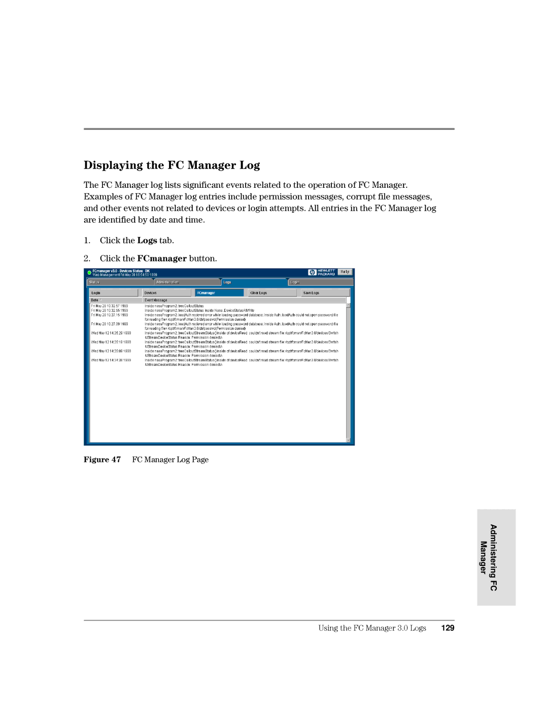 HP Surestore Device Management Software manual LVSOD\LQJWKH&0DQDJHU/RJ, Olfnwkh/Rjvwde Olfnwkh&Pdqdjhuexwwrq 