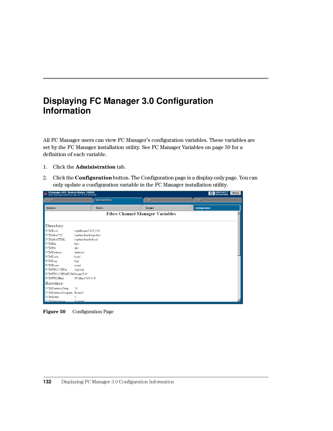 HP Surestore Device Management Software manual Displaying FC Manager 3.0 Configuration Information 