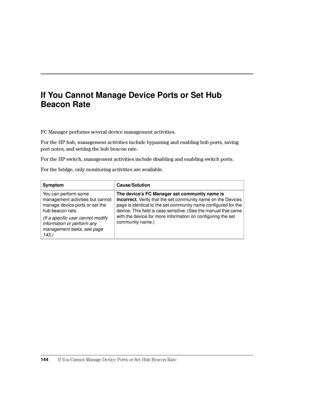 HP Surestore Device Management Software manual If You Cannot Manage Device Ports or Set Hub Beacon Rate 