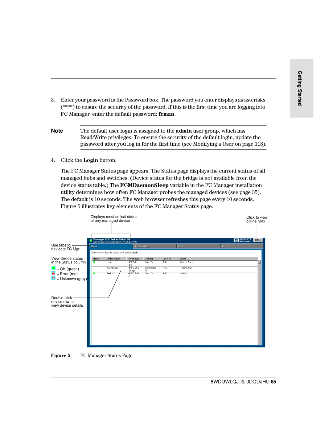 HP Surestore Device Management Software manual Olfnwkh/Rjlqexwwrq, LJXUHLOOXVWUDWHVNH\HOHPHQWVRIWKH&0DQDJHU6WDWXVSDJH 