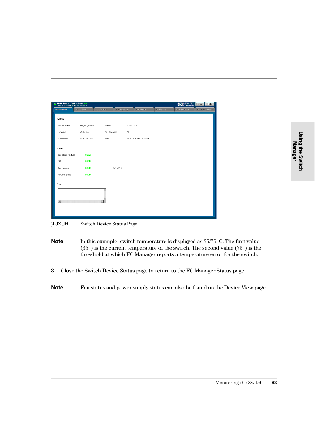 HP Surestore Device Management Software manual QWKLVHDPSOHVZLWFKWHPSHUDWXUHLVGLVSOD\HGDV &7KHILUVWYDOXH 