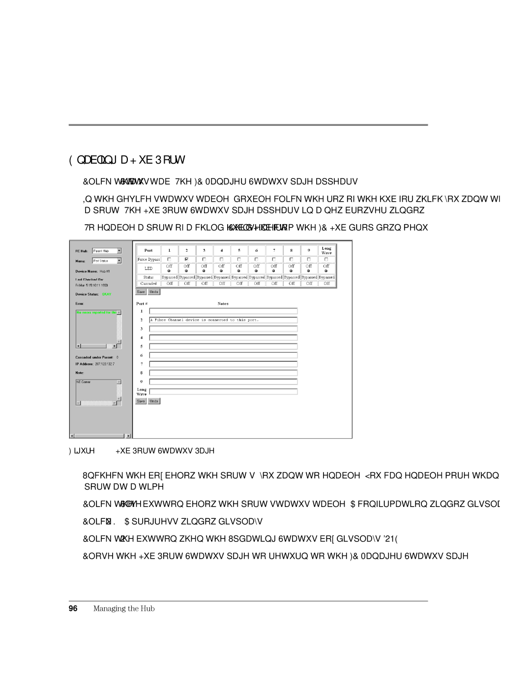 HP Surestore Device Management Software manual QDEOLQJD+XE3RUW, ORVHWKH+XE3RUW6WDWXVSDJHWRUHWXUQWRWKH&0DQDJHU6WDWXVSDJH 