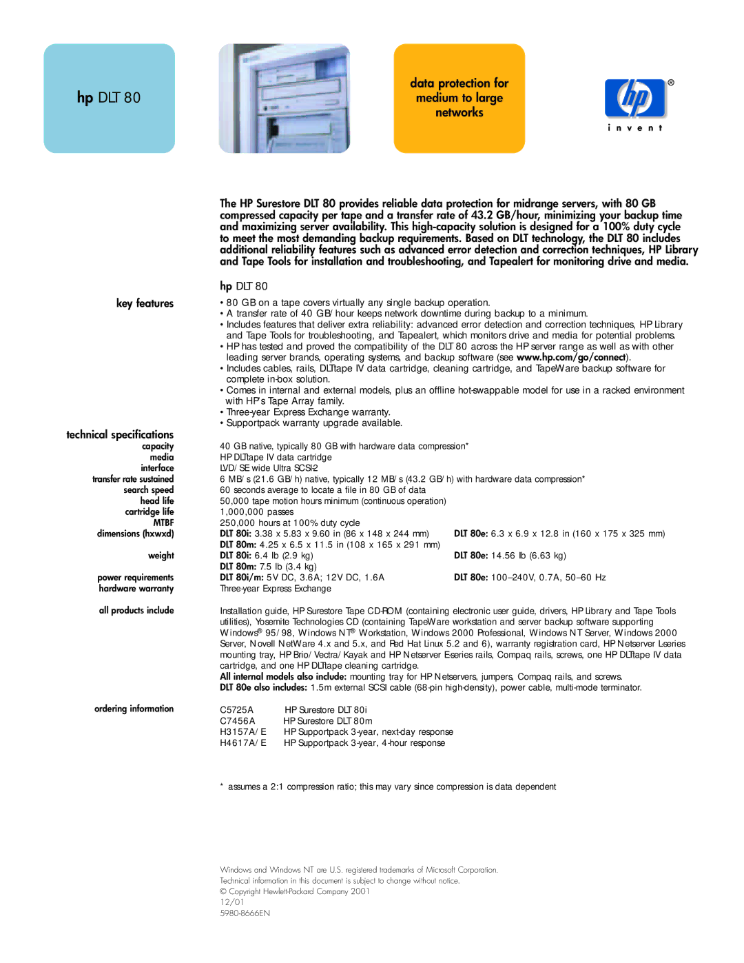 HP Surestore DLT 80 manual Data protection for Hp DLT 80medium to large networks, Hp DLT Key features, Mtbf 