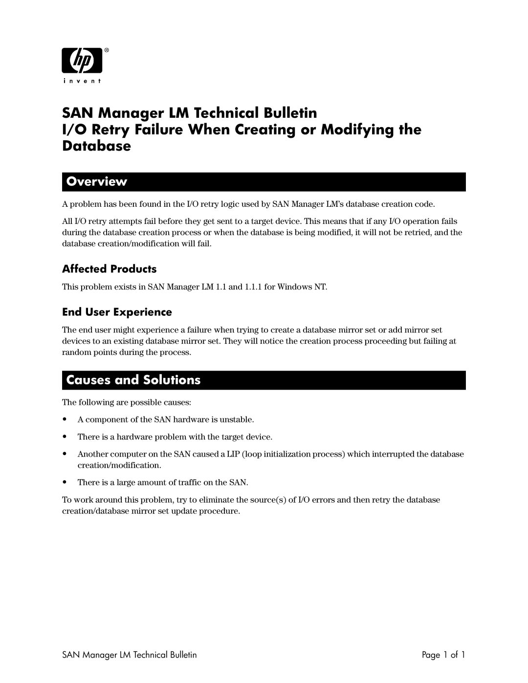 HP Surestore SAN Manager DM Software manual Overview, Causes and Solutions, Affected Products, End User Experience 