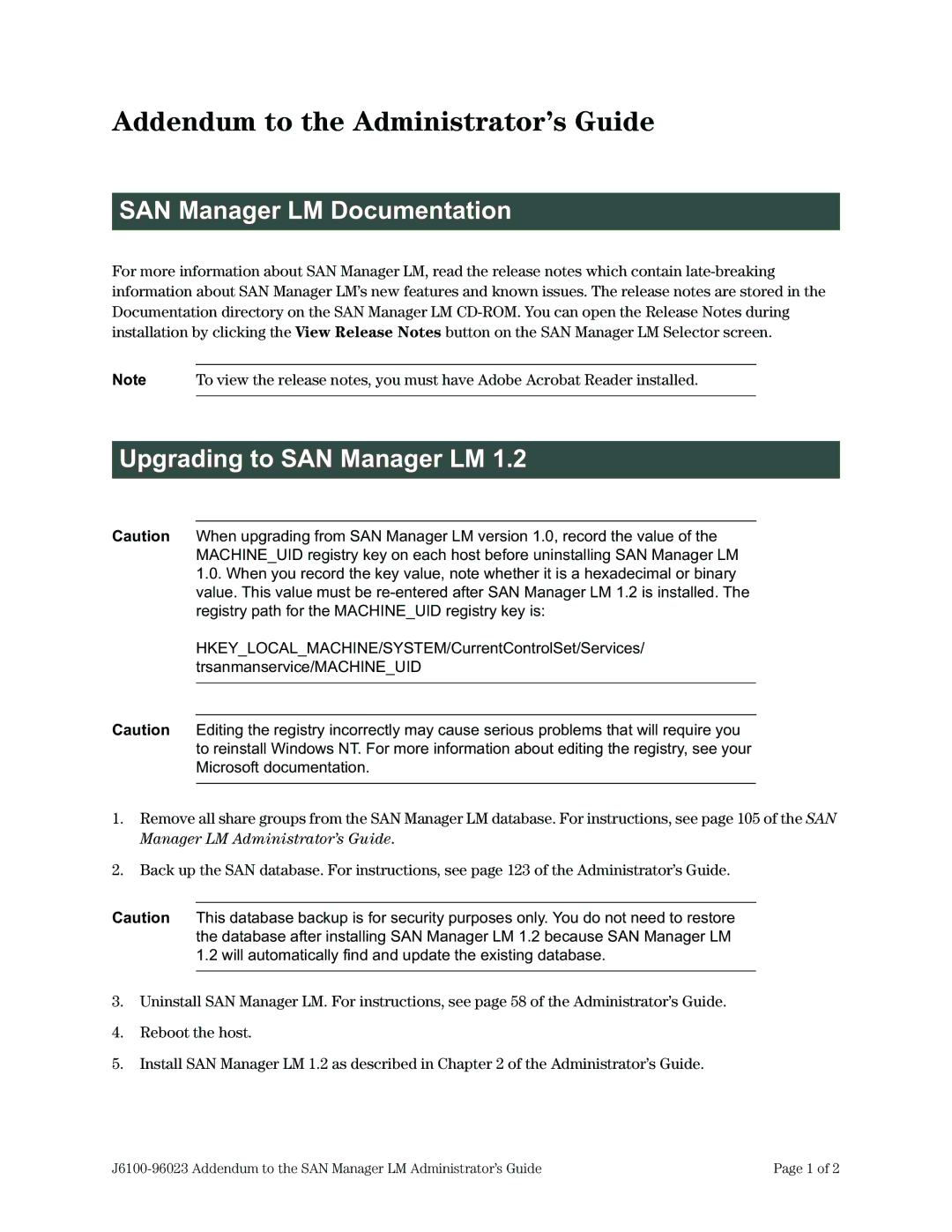 HP Surestore SAN Manager DM Software manual Addendum to the Administrator’s Guide, SAN Manager LM Documentation 