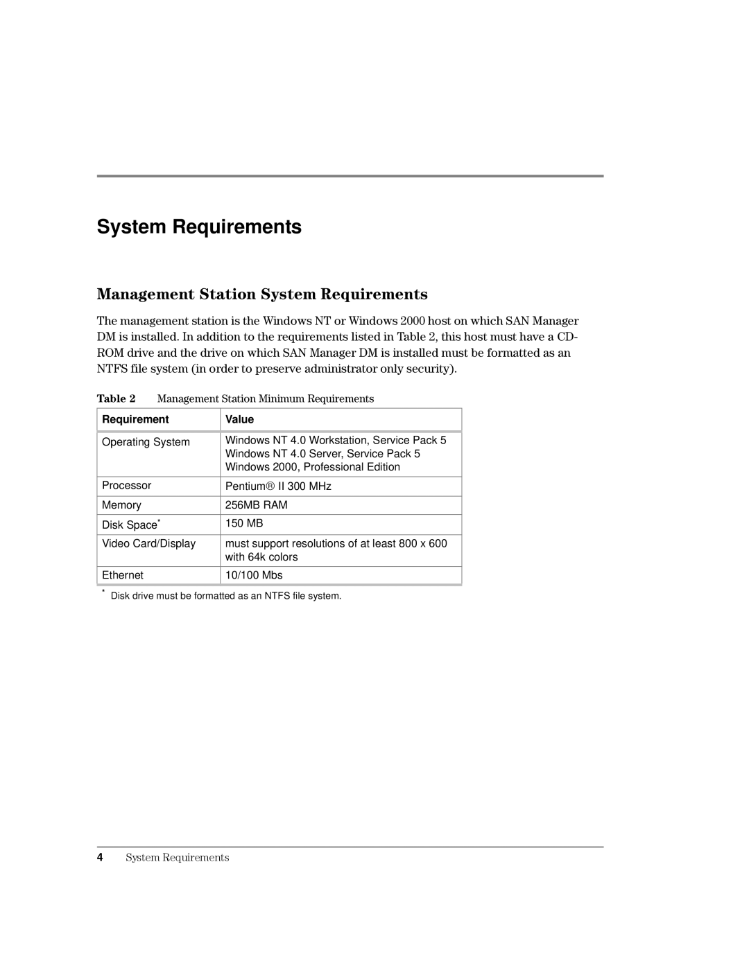 HP Surestore SAN Manager LM Software manual System Requirements, 0DQDJHPHQW6WDWLRQ6\VWHP5HTXLUHPHQWV, Requirement Value 