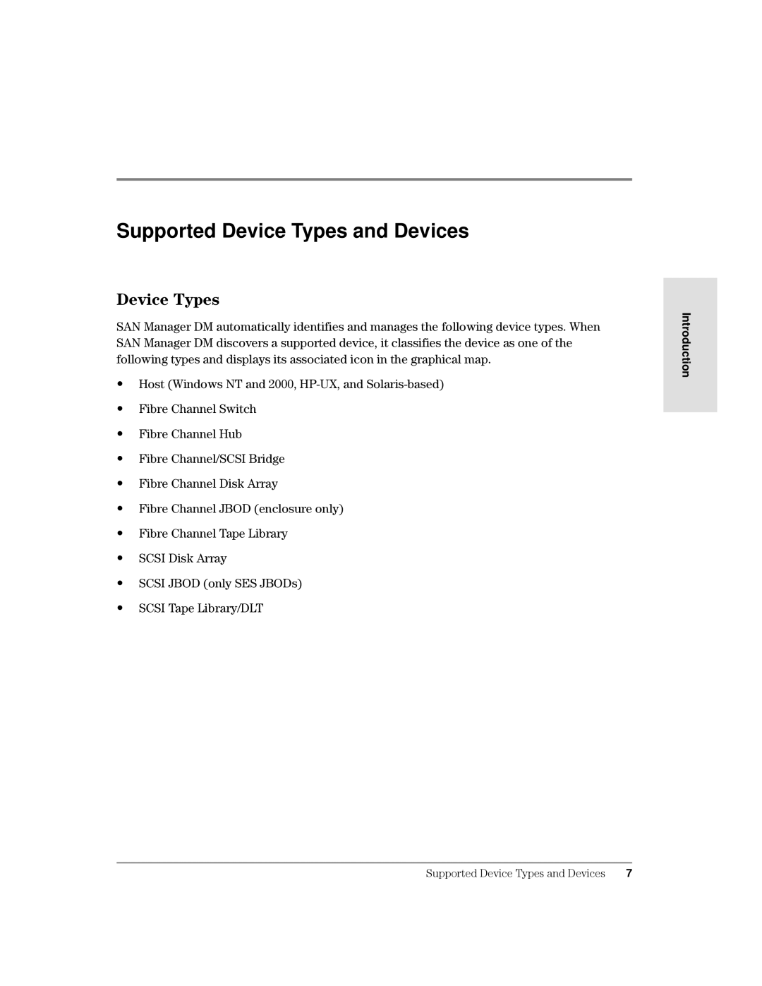 HP Surestore SAN Manager DM Software, Surestore SAN Manager LM Software Supported Device Types and Devices, HYLFH7\SHV 