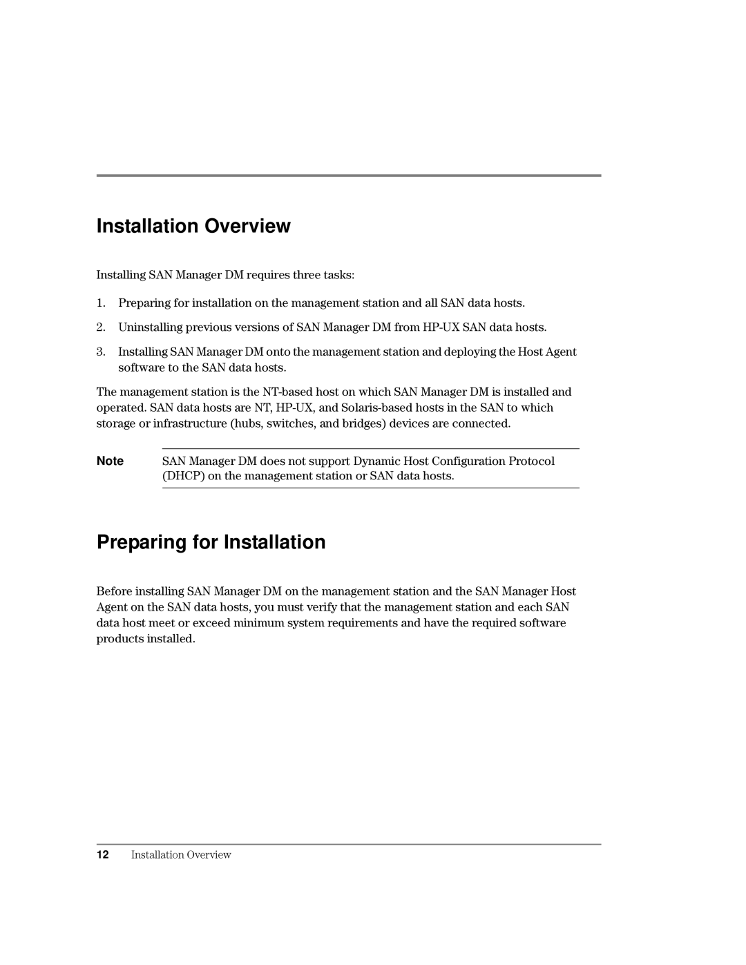 HP Surestore SAN Manager LM Software manual Installation Overview, Preparing for Installation, 12,QVWDOODWLRQ2YHUYLHZ 