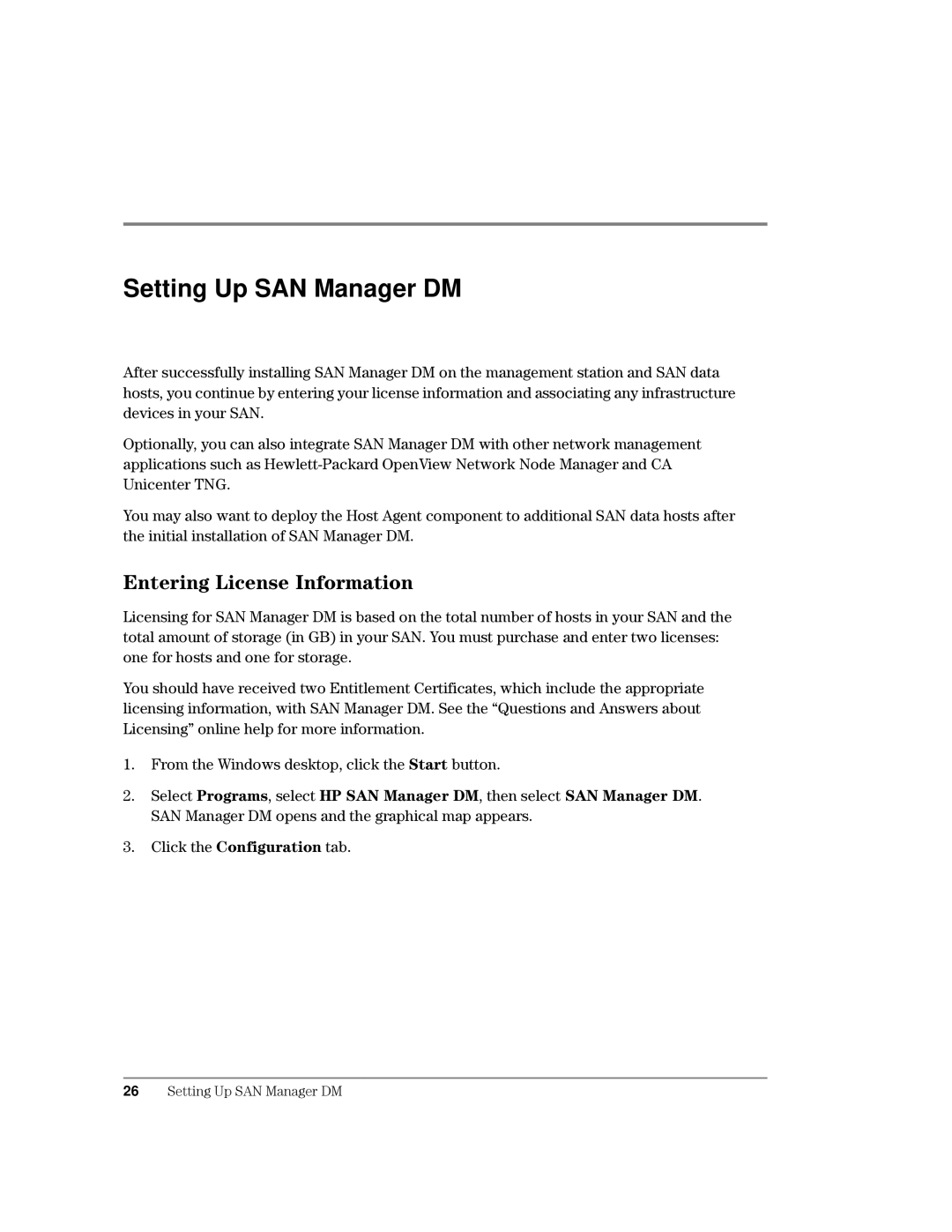 HP Surestore SAN Manager LM Software manual Setting Up SAN Manager DM, Qwhulqj/Lfhqvh,Qirupdwlrq, Olfnwkh&Rqiljxudwlrqwde 