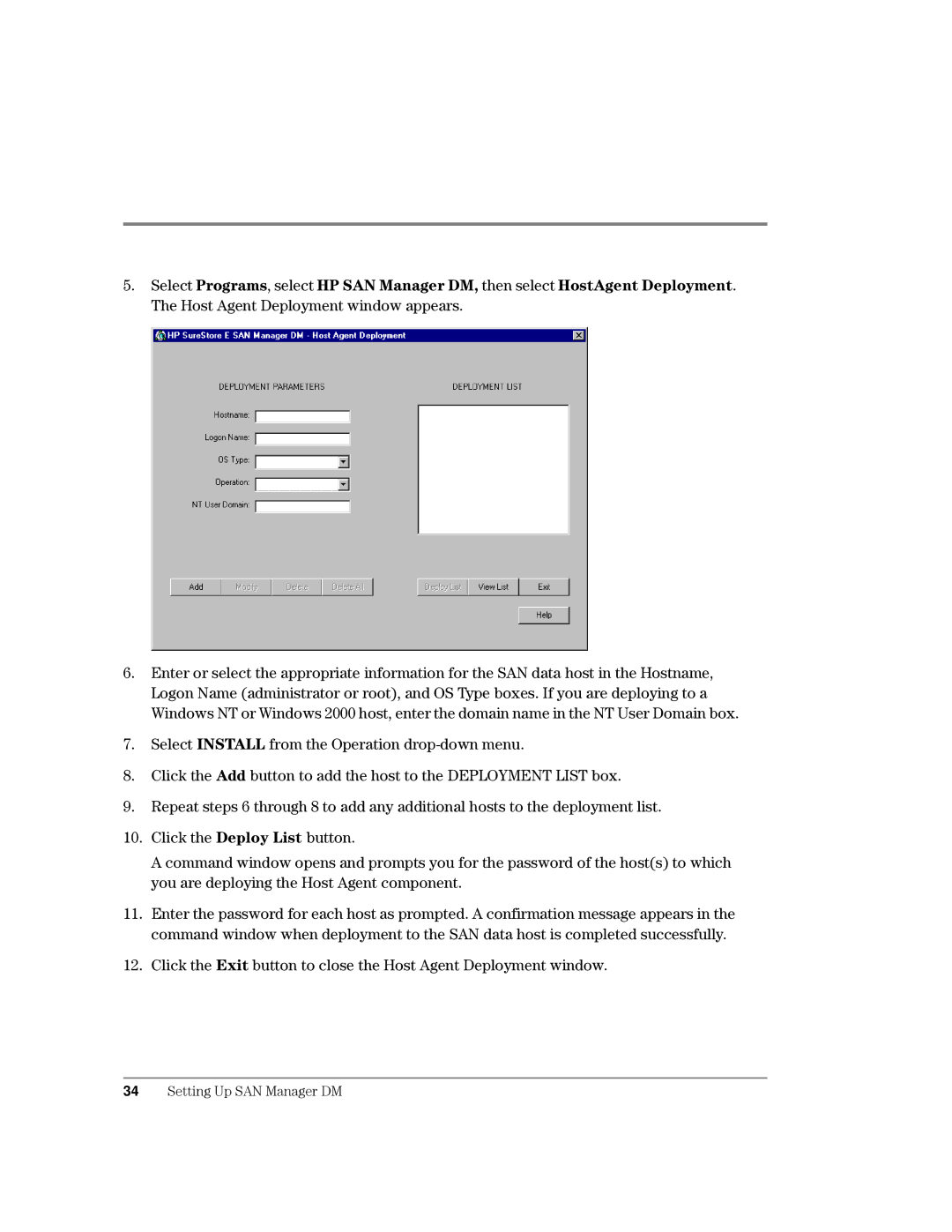 HP Surestore SAN Manager LM Software manual Olfnwkhhsor\/Lvwexwwrq, Olfnwkhlwexwwrqwrforvhwkh+Rvw$Jhqwhsor\Phqwzlqgrz 