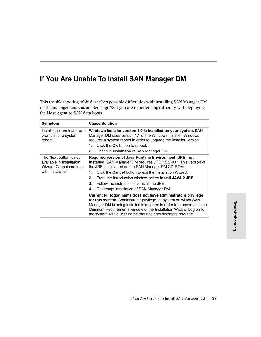 HP Surestore SAN Manager DM Software manual If You Are Unable To Install SAN Manager DM, Symptom Cause/Solution 