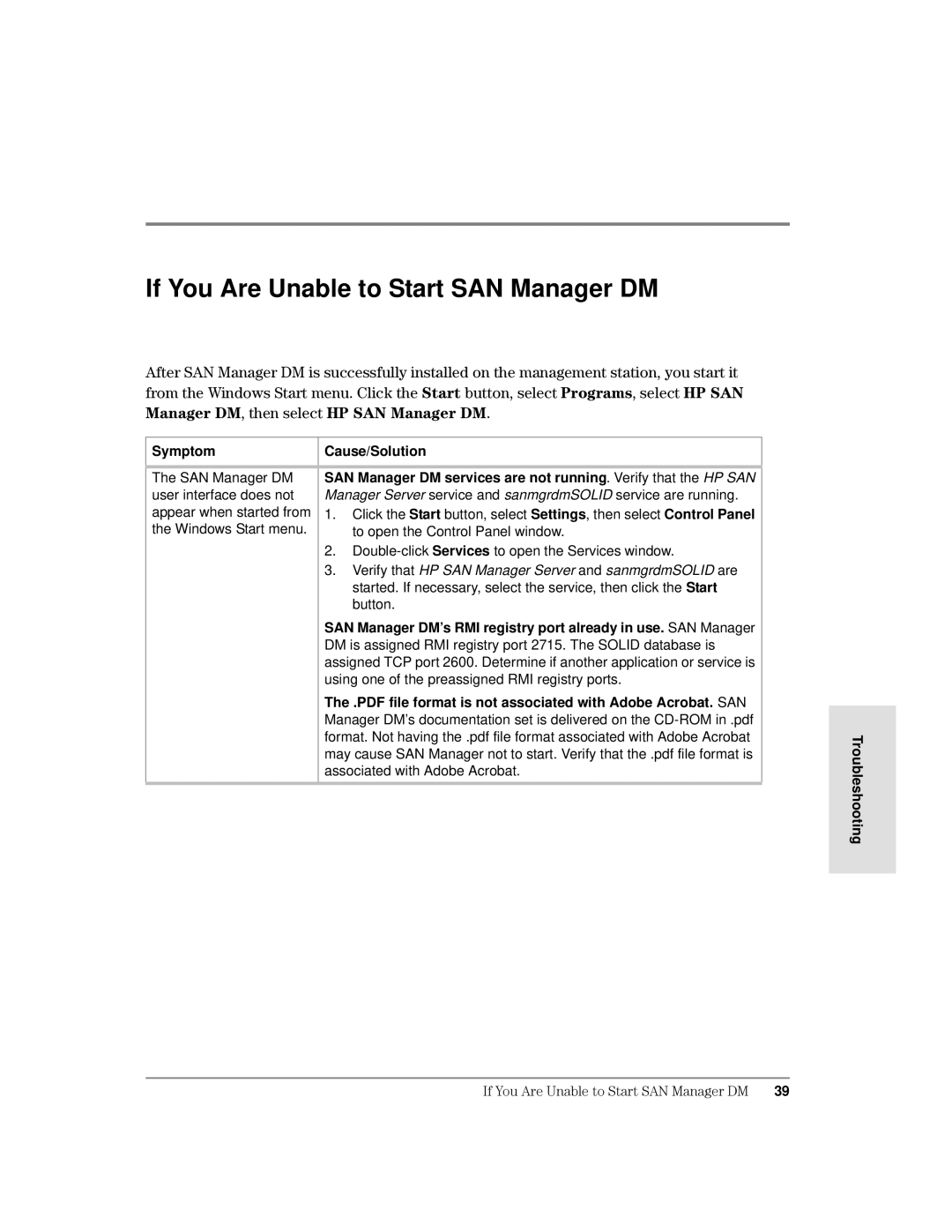 HP Surestore SAN Manager DM Software, Surestore SAN Manager LM Software manual If You Are Unable to Start SAN Manager DM 