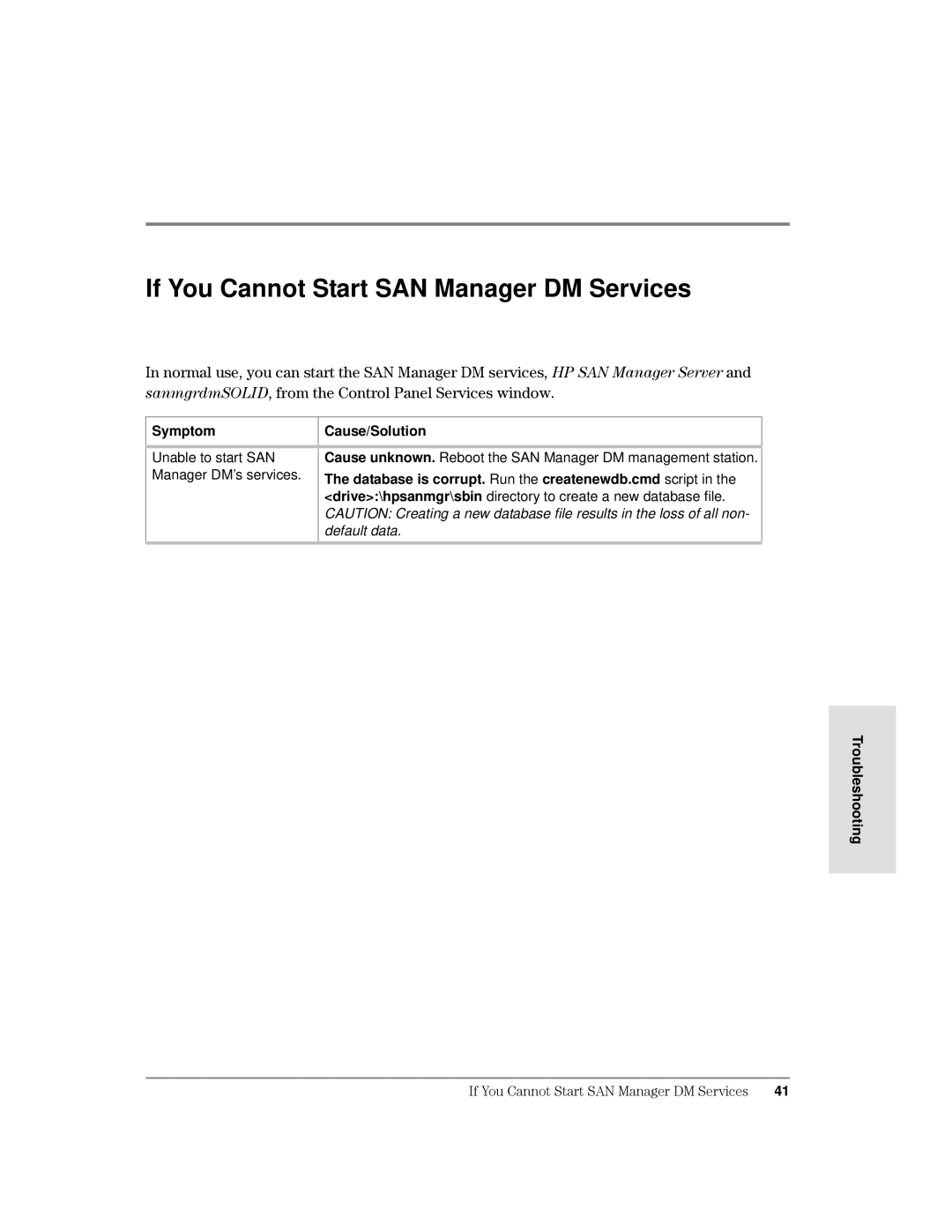 HP Surestore SAN Manager DM Software, Surestore SAN Manager LM Software manual If You Cannot Start SAN Manager DM Services 