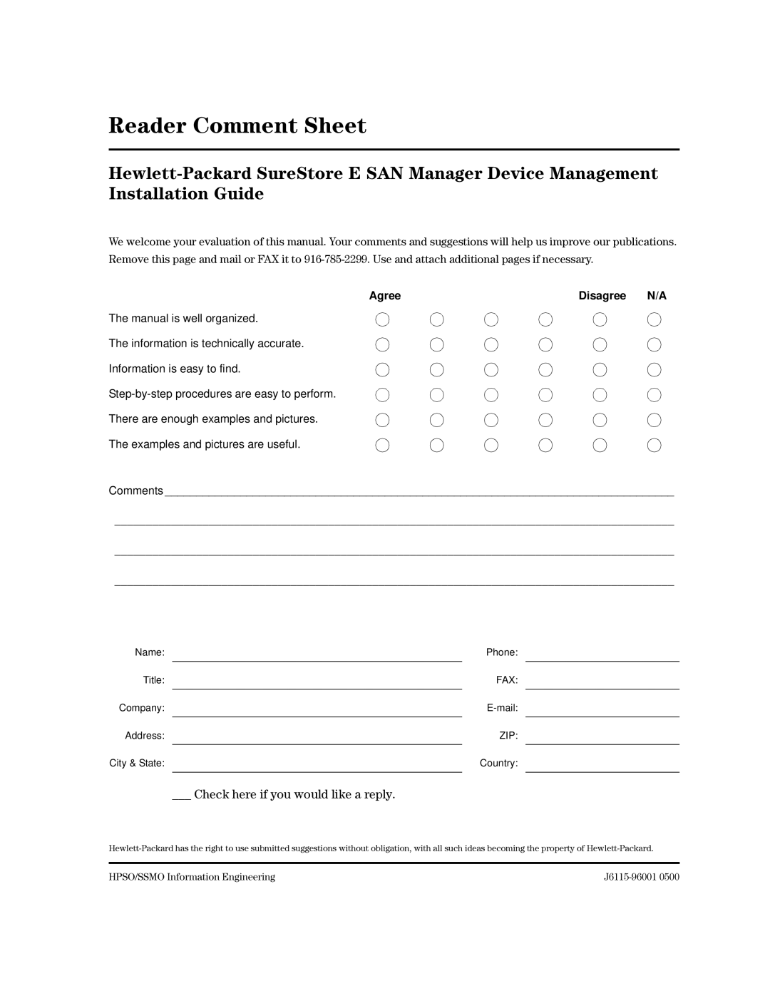 HP Surestore SAN Manager DM Software, Surestore SAN Manager LM Software manual 5HDGHU&RPPHQW6KHHW, Agree Disagree 