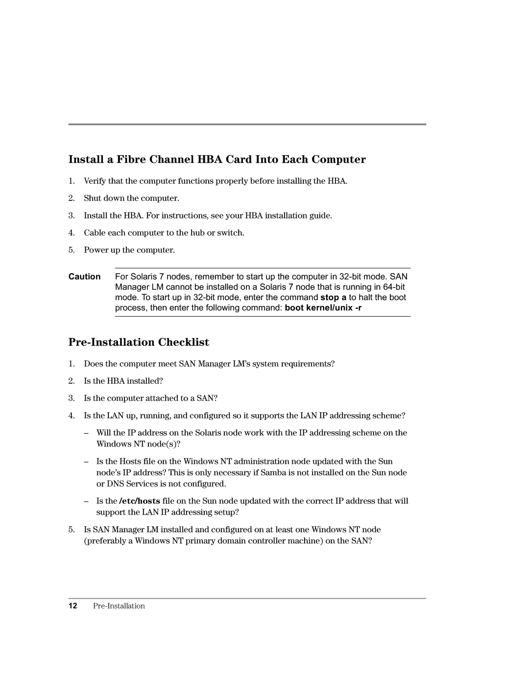 HP Surestore SAN Manager LM Software manual Install a Fibre Channel HBA Card Into Each Computer, Pre-Installation Checklist 