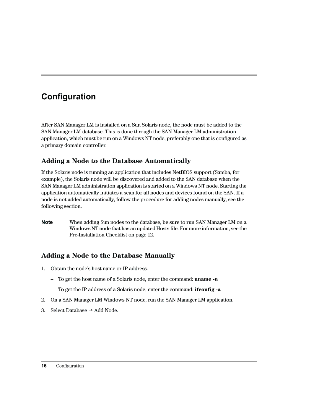 HP Surestore SAN Manager LM Software manual Configuration, Adding a Node to the Database Automatically 