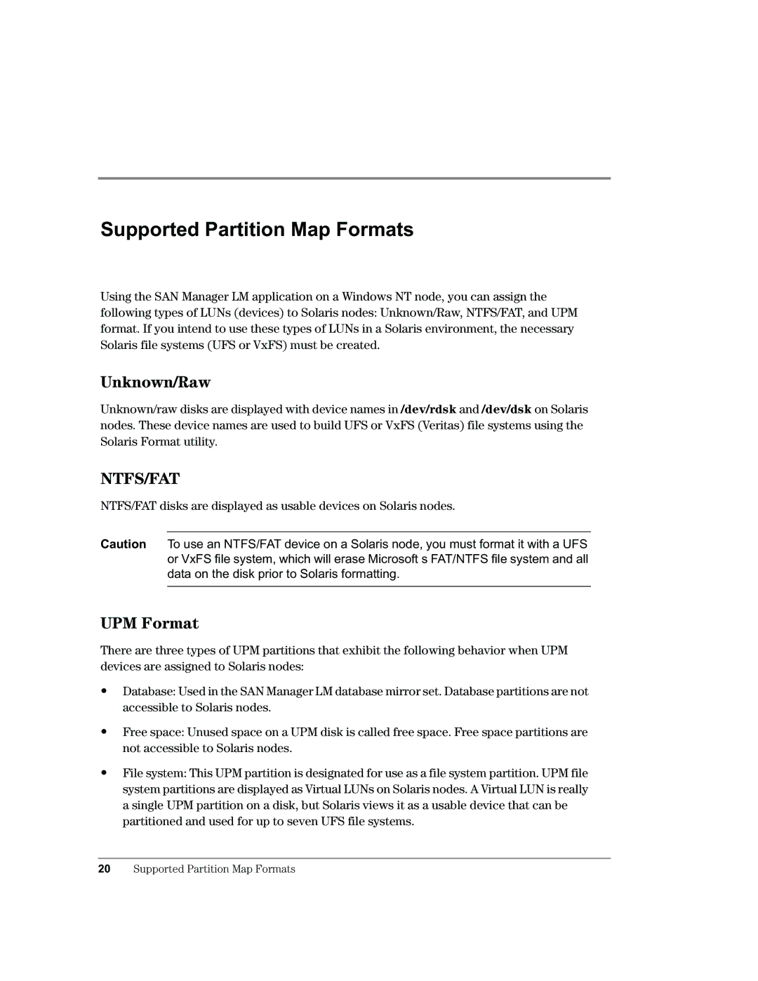 HP Surestore SAN Manager LM Software manual Supported Partition Map Formats, Unknown/Raw, UPM Format 