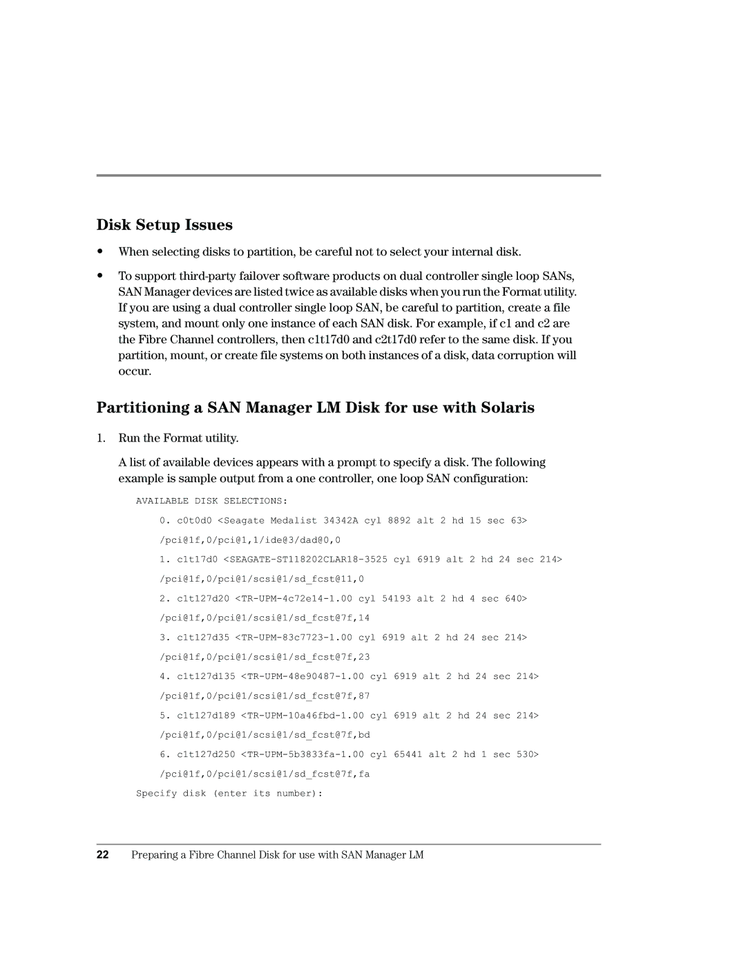 HP Surestore SAN Manager LM Software manual Disk Setup Issues, Partitioning a SAN Manager LM Disk for use with Solaris 