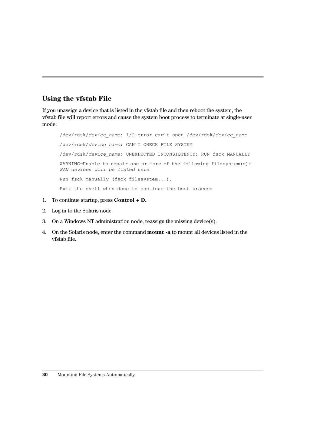 HP Surestore SAN Manager LM Software, Surestore SAN Manager DM Software manual Using the vfstab File 