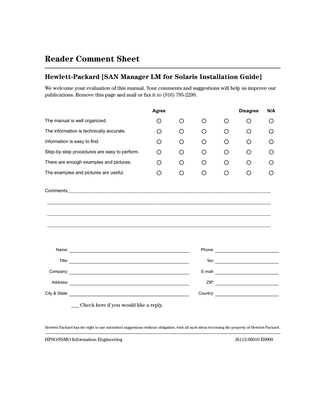 HP Surestore SAN Manager DM Software, Surestore SAN Manager LM Software manual Reader Comment Sheet 