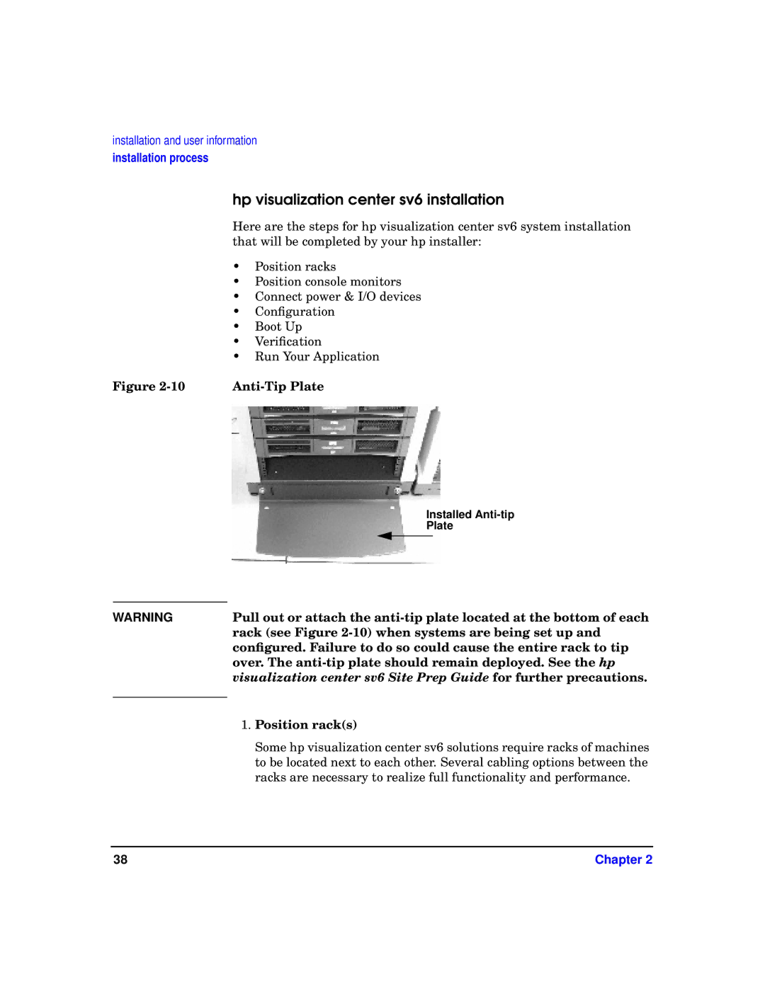 HP Hp visualization center sv6 installation, Anti-Tip Plate, Rack see -10 when systems are being set up, Position racks 