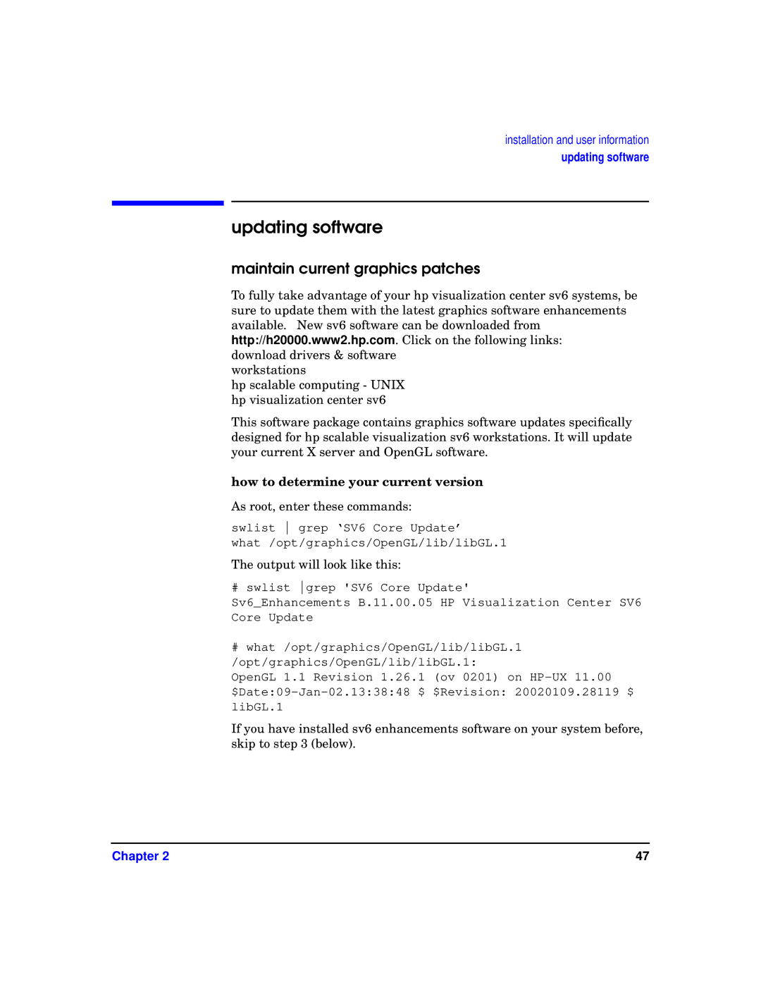 HP sv6 manual Updating software, Maintain current graphics patches, How to determine your current version 