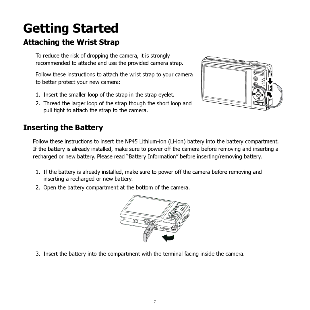 HP SW350 manual Getting Started, Attaching the Wrist Strap, Inserting the Battery 