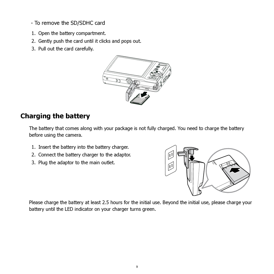 HP SW350 manual Charging the battery, To remove the SD/SDHC card 