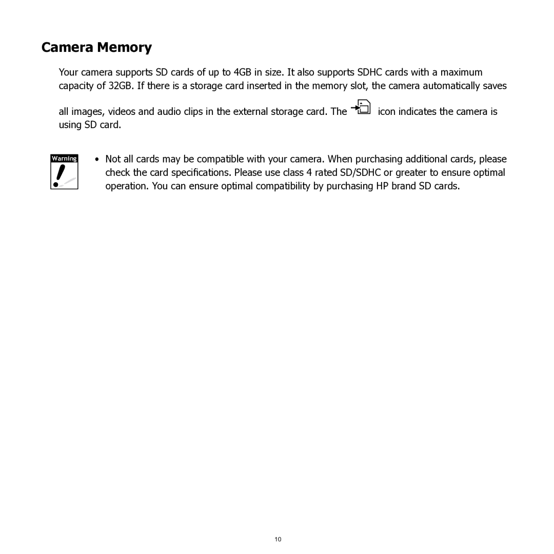 HP SW350 manual Camera Memory 