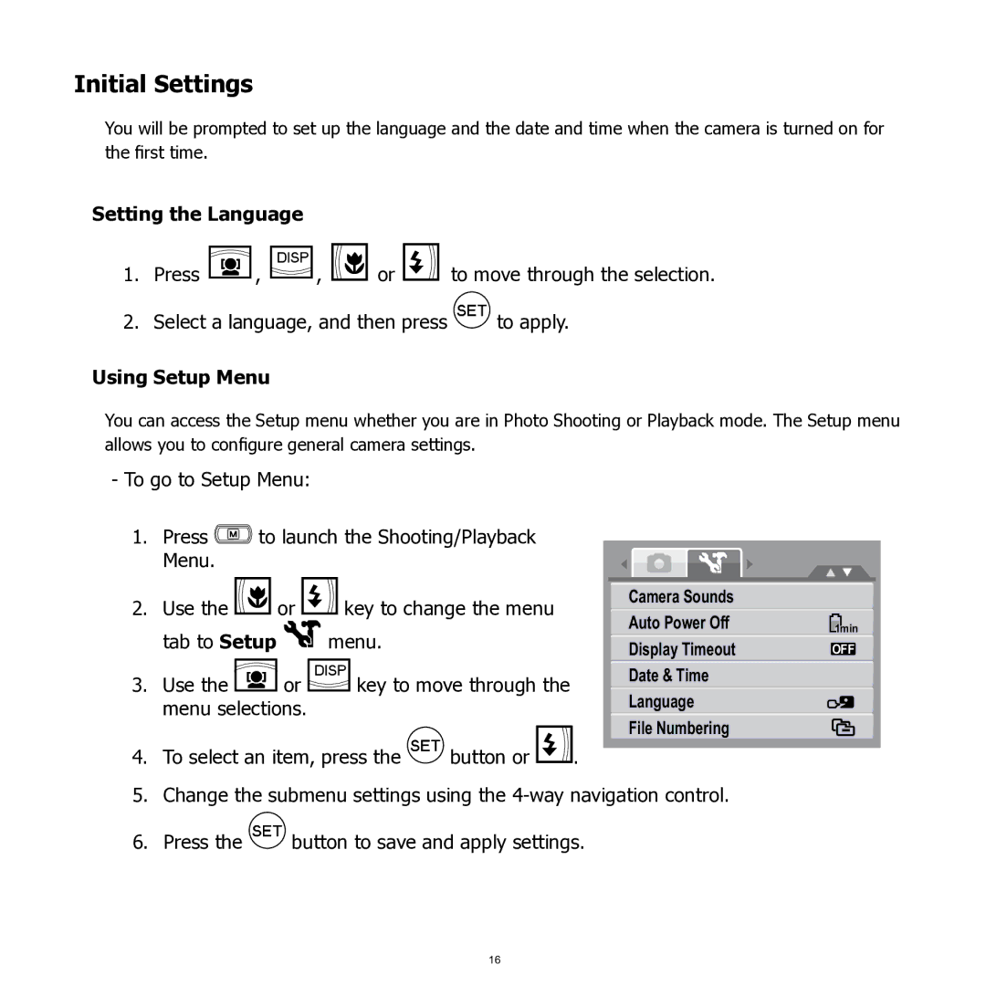 HP SW350 manual Initial Settings, Setting the Language, Using Setup Menu 