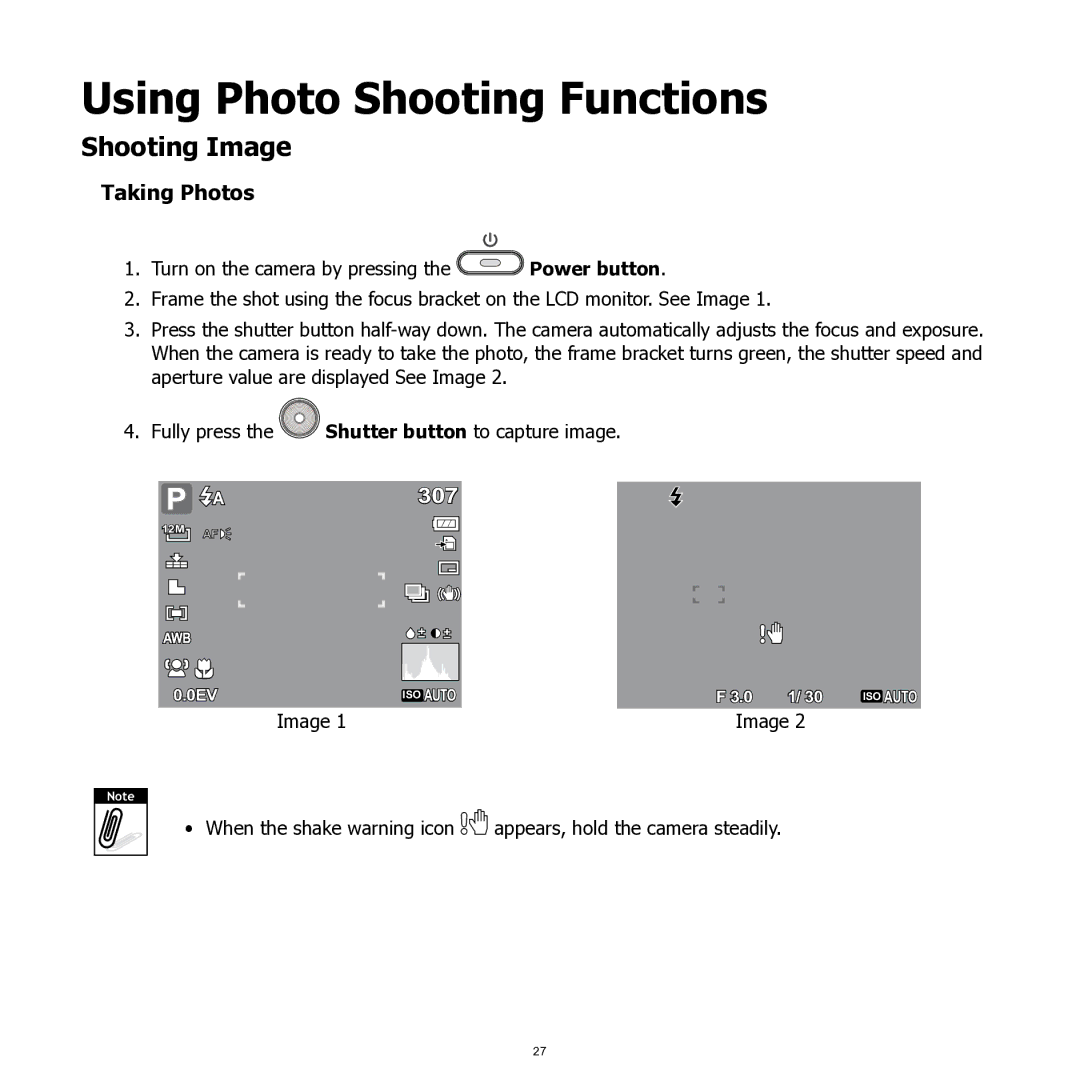 HP SW350 manual Using Photo Shooting Functions, Shooting Image, Taking Photos 