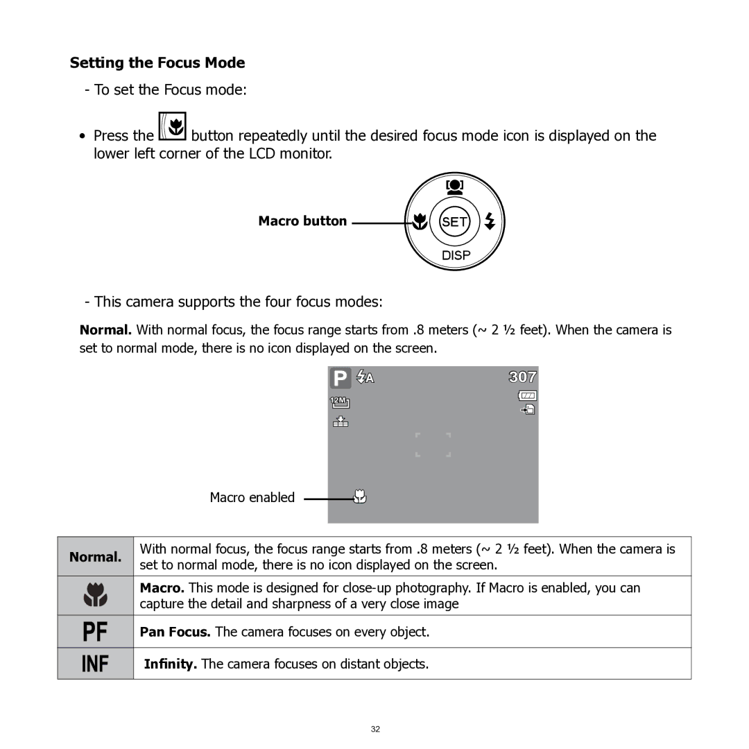 HP SW350 manual Setting the Focus Mode, This camera supports the four focus modes 