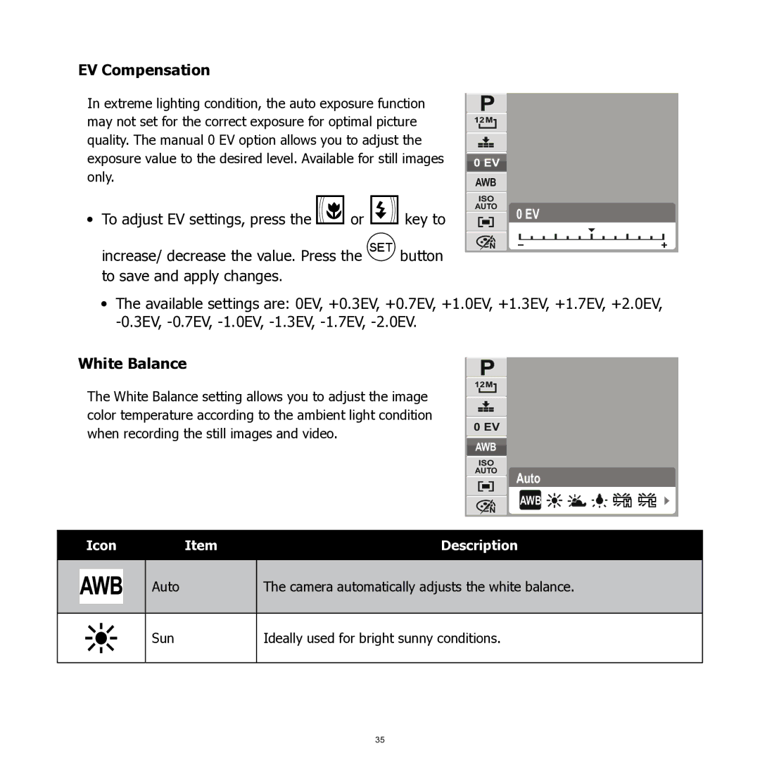 HP SW350 manual EV Compensation, White Balance 