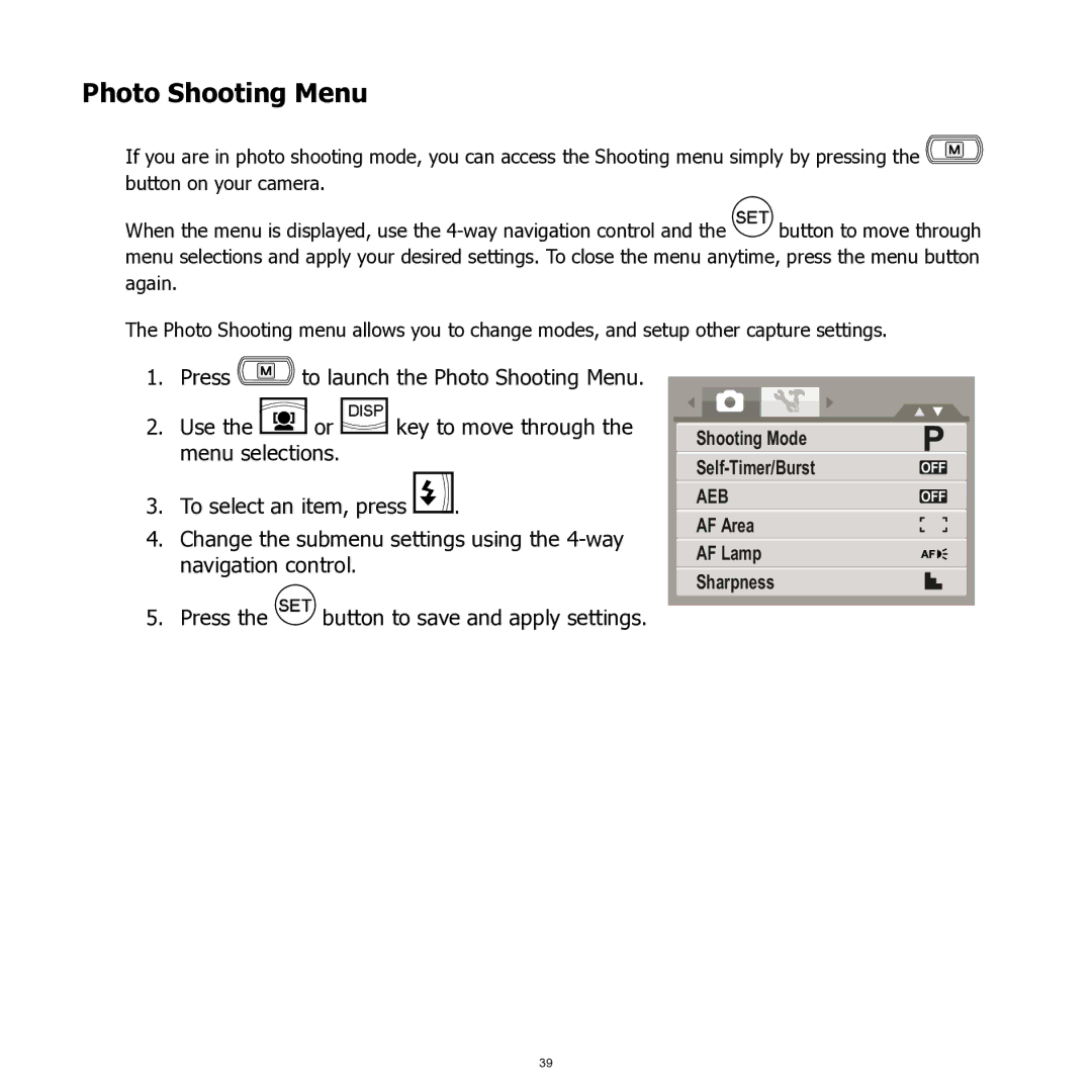 HP SW350 manual Photo Shooting Menu 