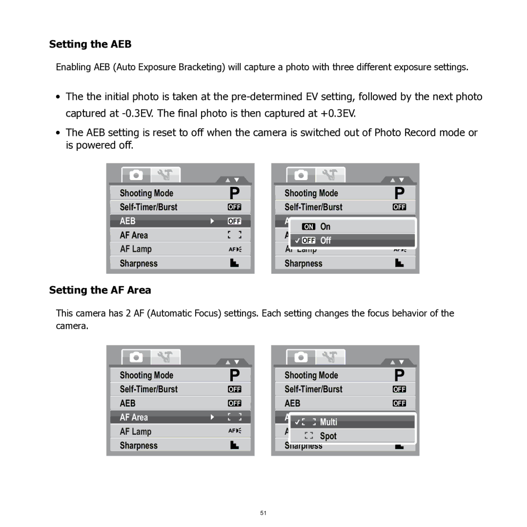 HP SW350 manual Setting the AEB, Setting the AF Area 