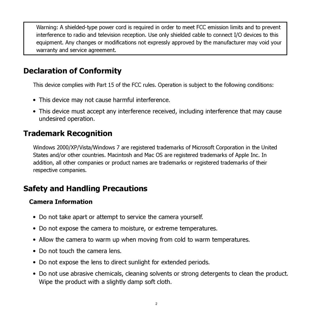 HP SW350 manual Declaration of Conformity, Trademark Recognition, Safety and Handling Precautions, Camera Information 