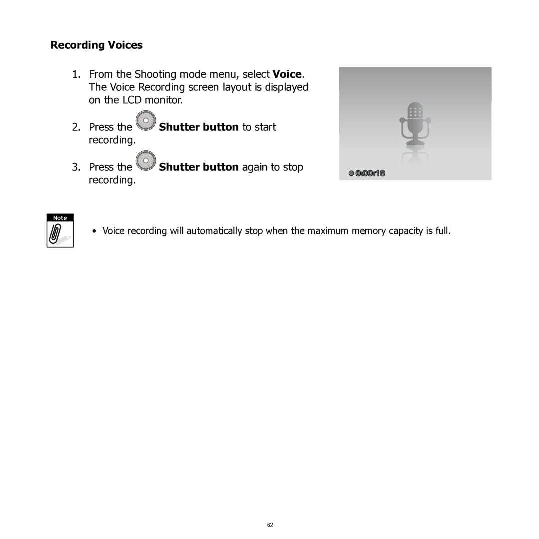 HP SW350 manual Recording Voices, Press the Shutter button to start recording, Shutter button again to stop 