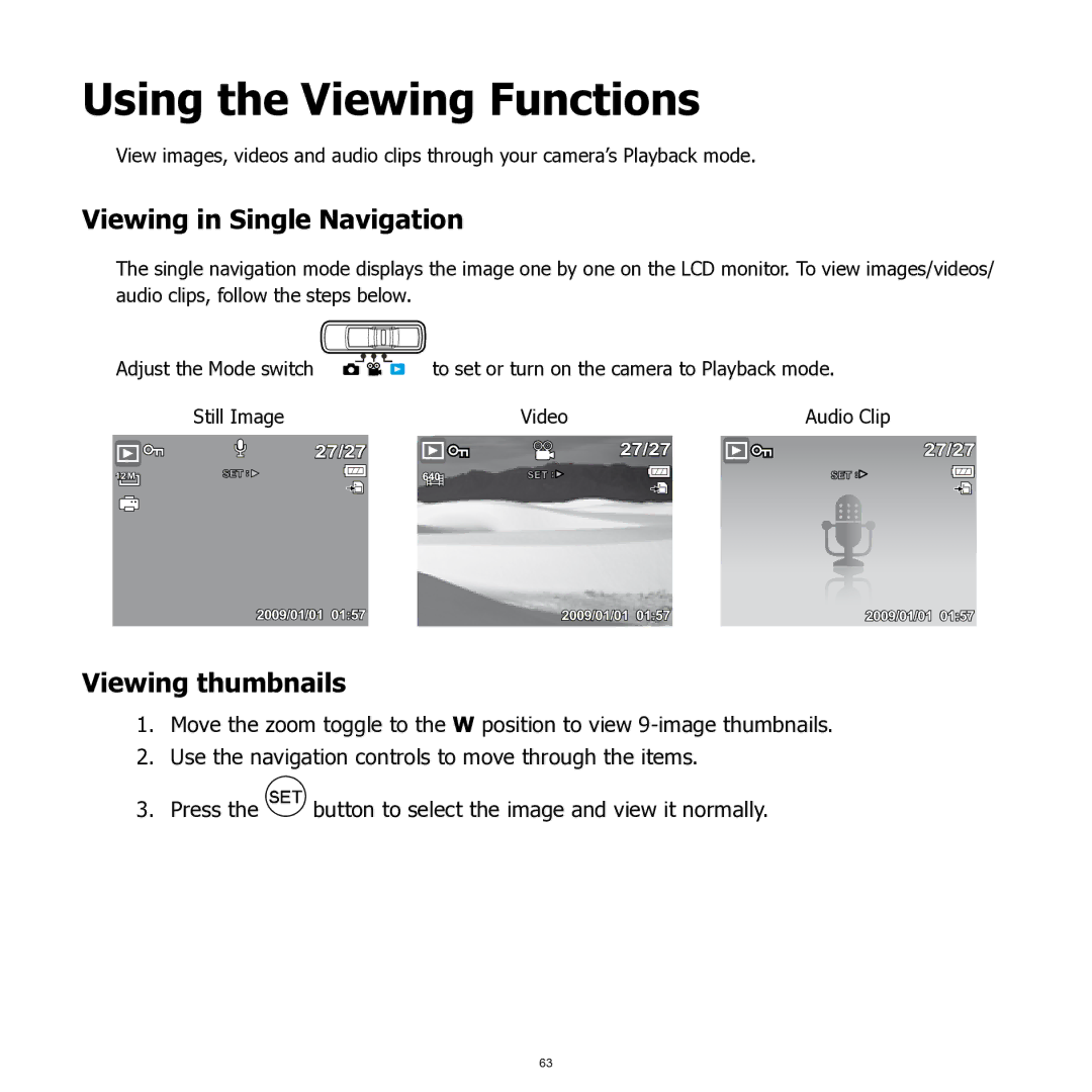 HP SW350 manual Using the Viewing Functions, Viewing in Single Navigation, Viewing thumbnails 