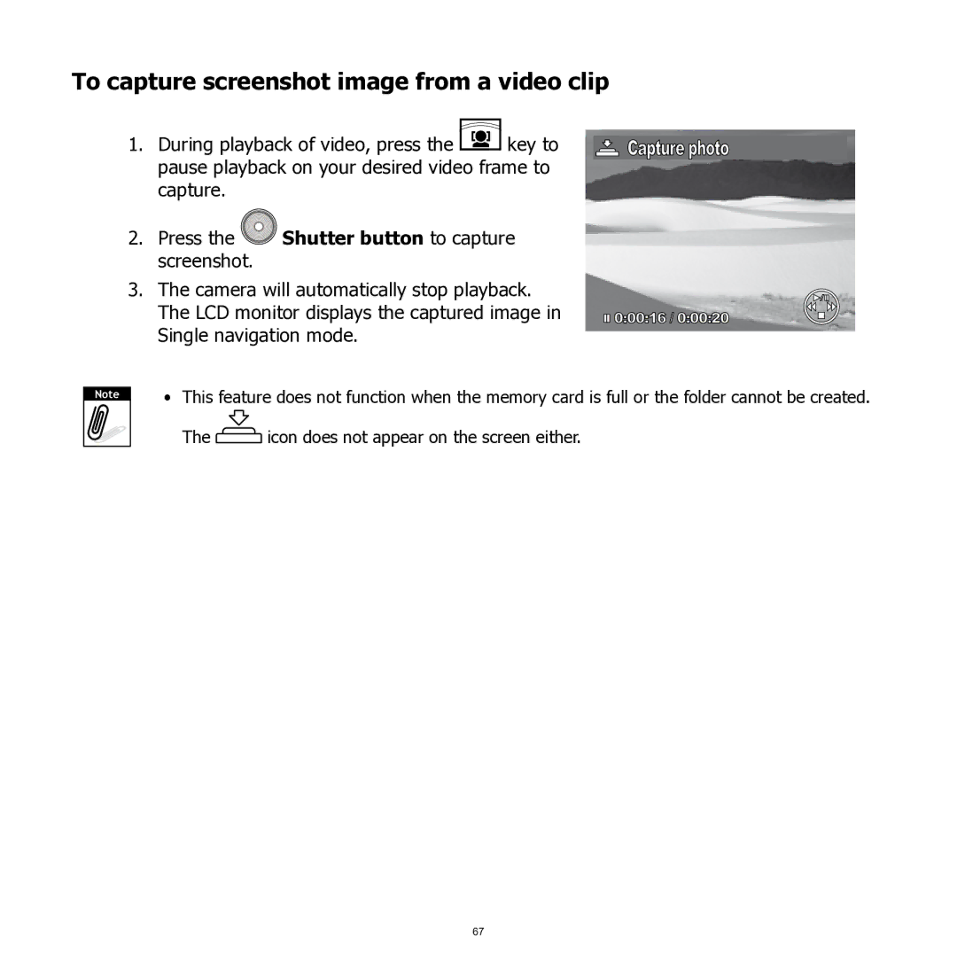 HP SW350 manual To capture screenshot image from a video clip, Press the Shutter button to capture screenshot 