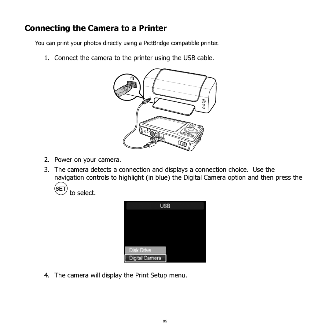 HP SW350 manual Connecting the Camera to a Printer 