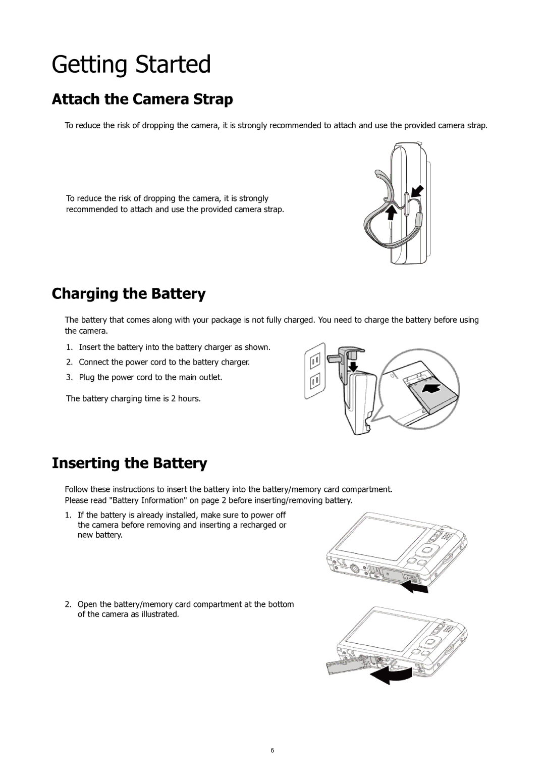 HP SW450 manual Getting Started, Attach the Camera Strap, Charging the Battery, Inserting the Battery 