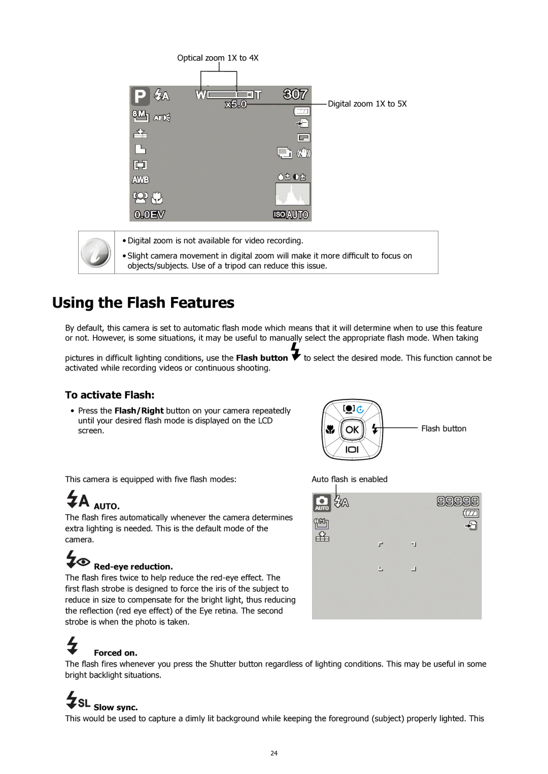 HP SW450 manual Using the Flash Features, To activate Flash, Red-eye reduction, Forced on, Slow sync 