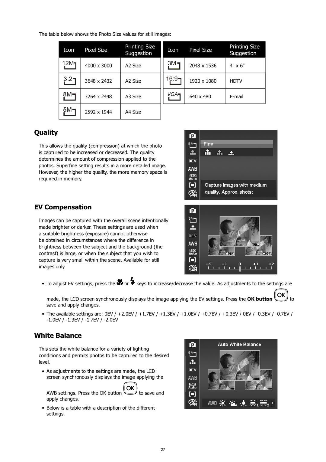 HP SW450 manual Quality, EV Compensation, White Balance 