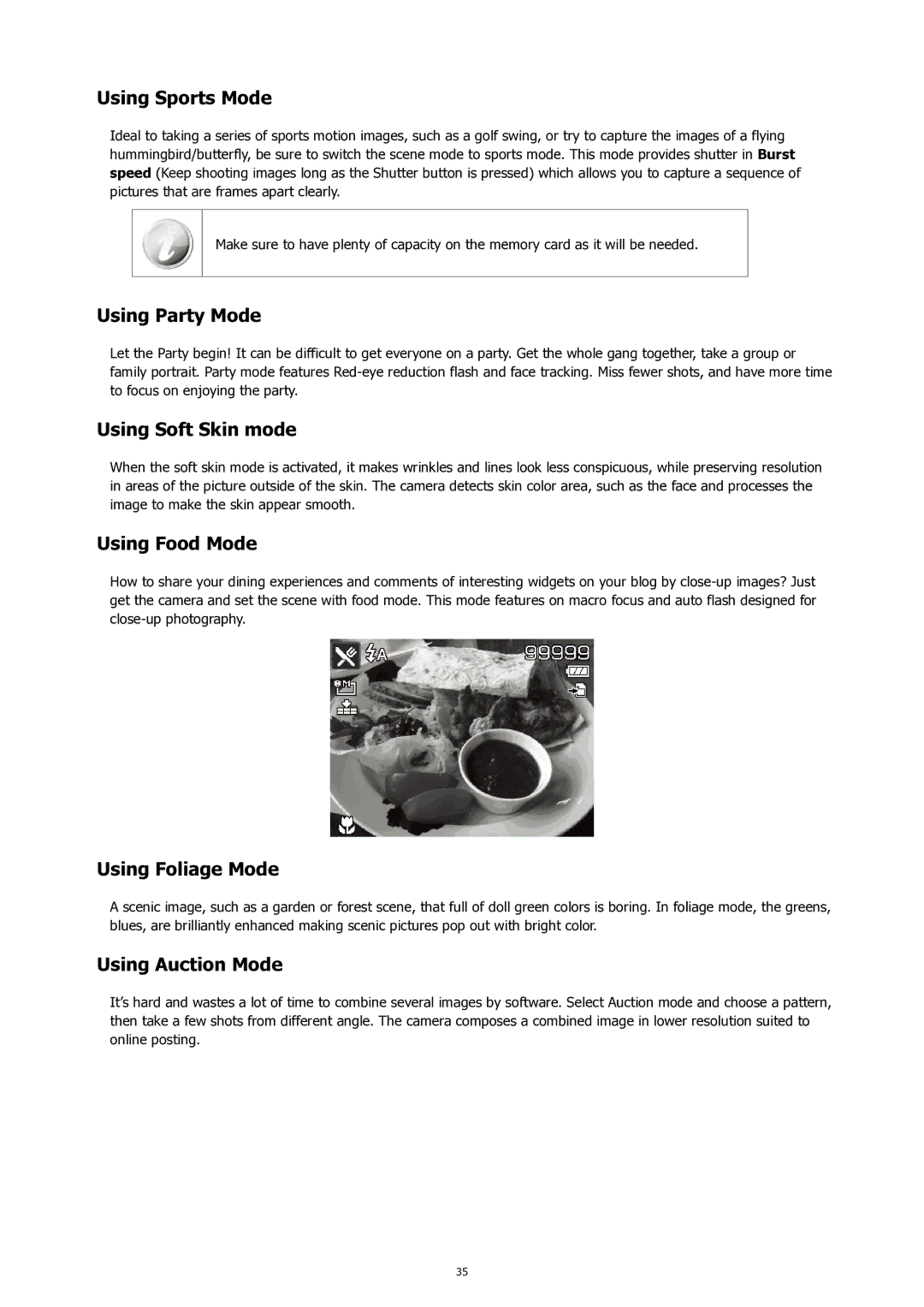 HP SW450 manual Using Sports Mode, Using Party Mode, Using Soft Skin mode, Using Food Mode, Using Foliage Mode 