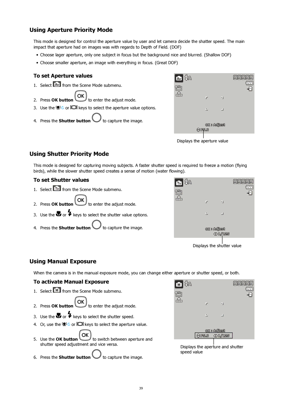 HP SW450 manual Using Aperture Priority Mode, Using Shutter Priority Mode, Using Manual Exposure 