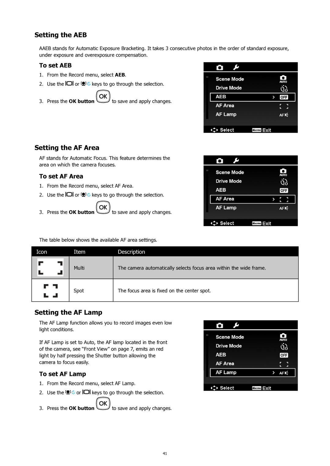 HP SW450 manual Setting the AEB, Setting the AF Area, Setting the AF Lamp 